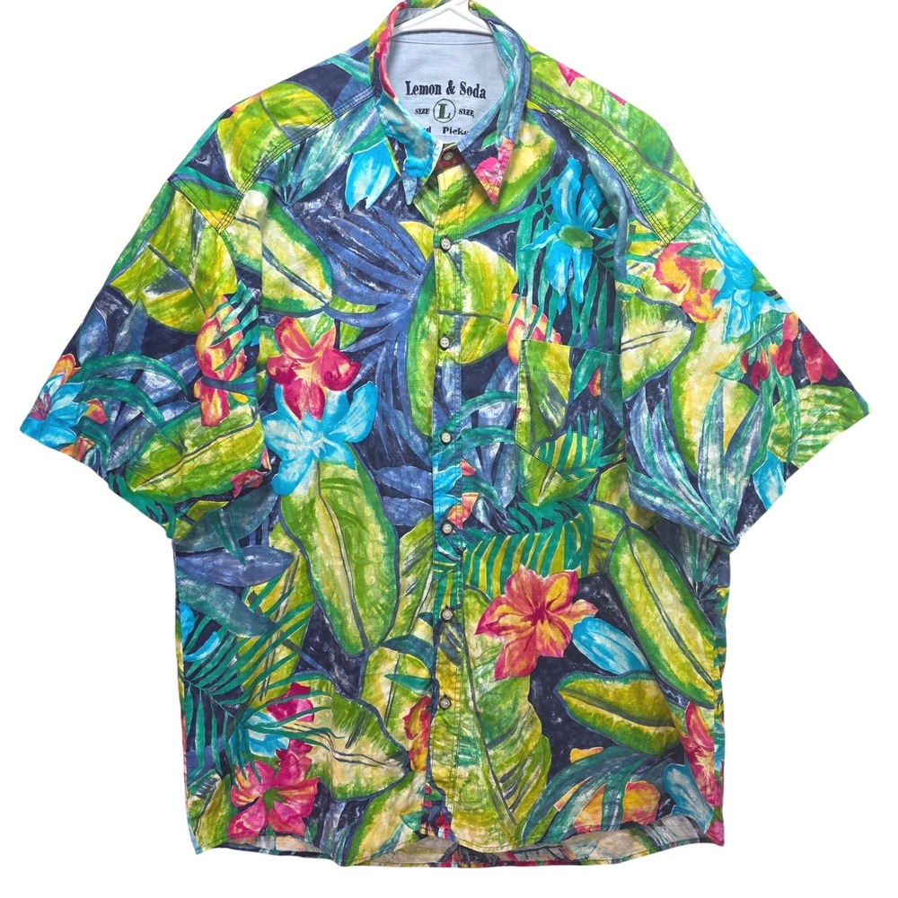 Lemon and Soda Mens L Tropical Floral Camp Shirt Hawaiian Resortwear Button Up